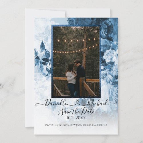 Elegant Navy Blue White Floral Script Heart Photo Save The Date
