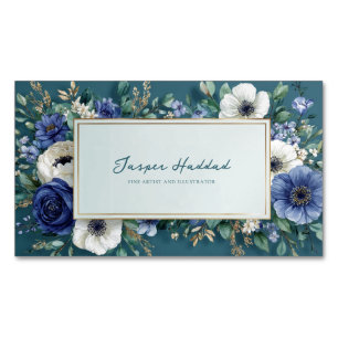 Elegant Navy Blue White Floral Teal Gold Frame Business Card Magnet