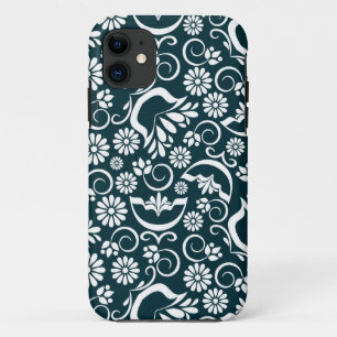 Elegant Navy Blue White Floral Vintage Scrollwork iPhone 11 Case
