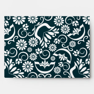 Elegant Navy Blue White Floral Vintage Scrollwork Envelope