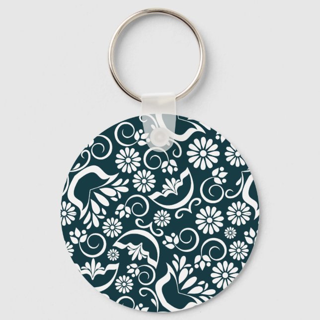 Elegant Navy Blue White Floral Vintage Scrollwork Keychain (Front)