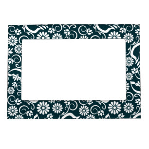 Elegant Navy Blue White Floral Vintage Scrollwork Magnetic Photo Frame