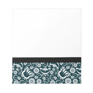 Elegant Navy Blue White Floral Vintage Scrollwork Notepad