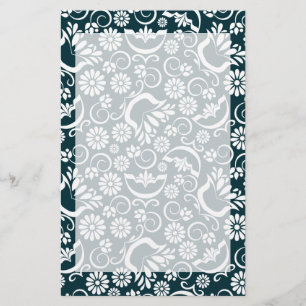 Elegant Navy Blue White Floral Vintage Scrollwork Stationery