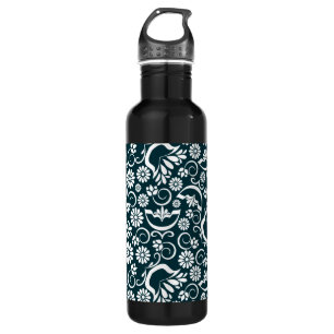 Elegant Navy Blue White Floral Vintage Scrollwork Water Bottle