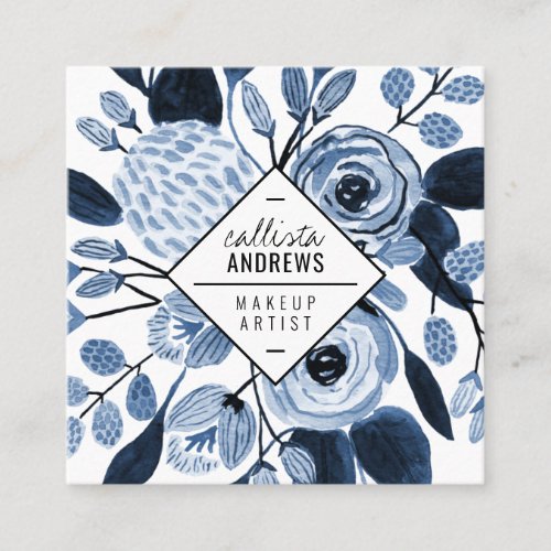 Elegant Navy Blue White Floral Watercolor Makeup Square Business Card