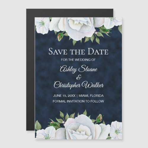 Elegant Navy Blue White Floral Wedding Save Date 