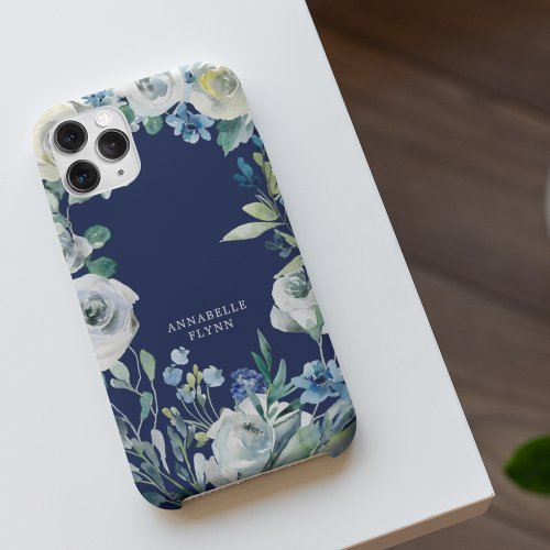 Elegant Navy Blue White Floral Winter Monogram iPhone 14 Case