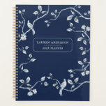 Elegant Navy Blue & white French toile Planner<br><div class="desc">Elegant Personalized Undated Planner with blue and white French toile birds on tree branches on Navy Blue background</div>