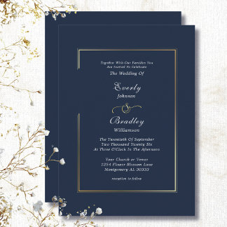  Elegant Navy Blue White Gold Border Wedding Invitation