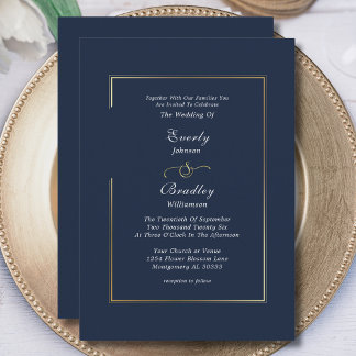 Elegant Navy Blue White Gold Border Wedding Invitation