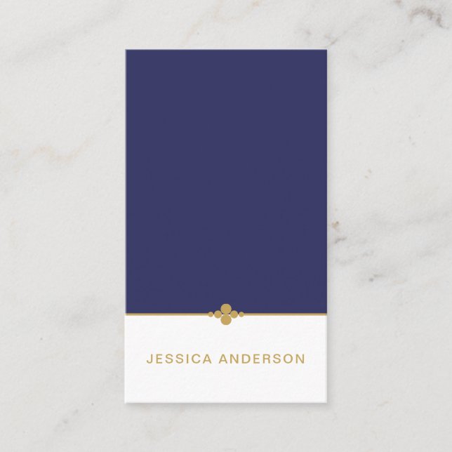 Elegant Navy Blue White Gold Business Card (Front)