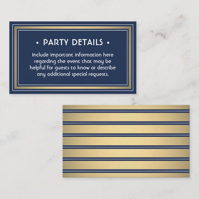 Elegant Navy Blue, White & Gold Faux Foil Details Enclosure Card (Front/Back)