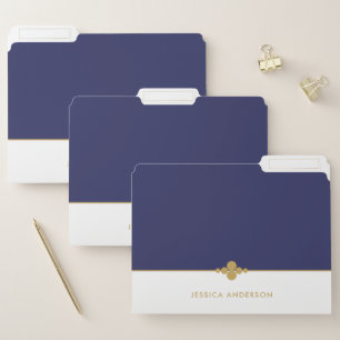 Elegant Navy Blue White Gold Name File Folder