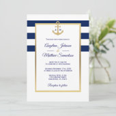 Elegant Navy Blue White Gold Nautical Wedding Invitation (Standing Front)