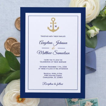 Elegant Navy Blue White Gold Nautical Wedding Invitation by UniqueWeddingShop at Zazzle