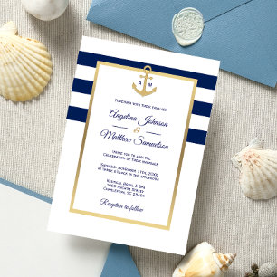 Elegant Navy Blue White Gold Nautical Wedding Invitation
