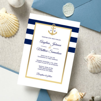 Elegant Navy Blue White Gold Nautical Wedding Invitation by UniqueWeddingShop at Zazzle
