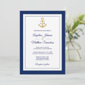 Elegant Navy Blue White Gold Nautical Wedding Invitation (Standing Front)