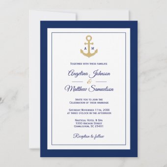 Elegant Navy Blue White Gold Nautical Wedding Invitation | Zazzle