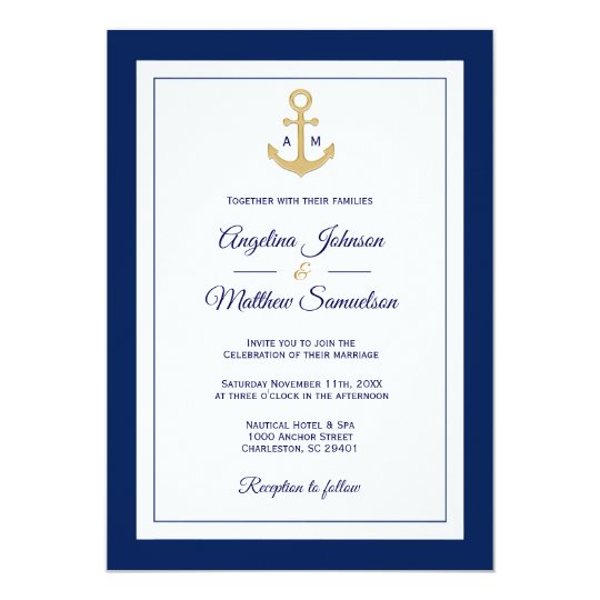 Elegant Navy Blue White Gold Nautical Wedding Invitation Zazzle Com