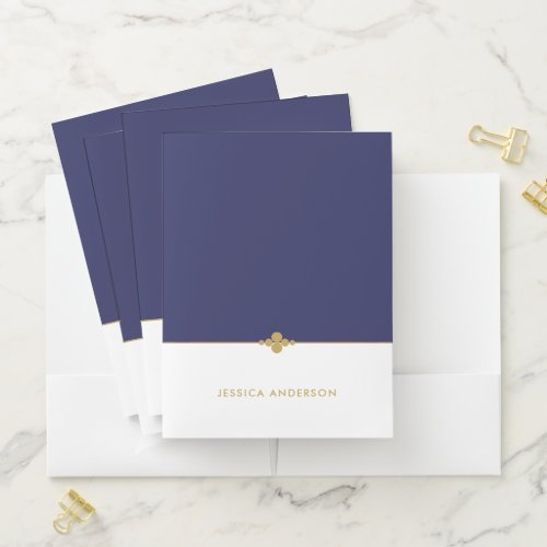 Elegant Navy Blue White Gold Personalized Pocket Folder