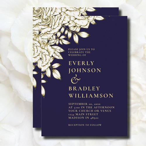 Elegant Navy Blue White Gold Photo Floral Wedding Invitation