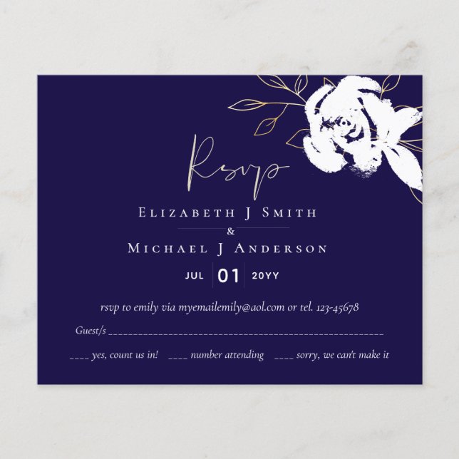 Elegant Navy Blue White Gold Wedding RSVP (Front)