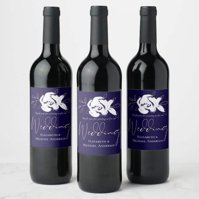 Elegant Navy Blue White Gold Wedding Wine Label (Bottles)