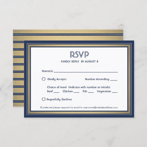 Elegant Navy Blue White  Gold with Meal Options RSVP Card