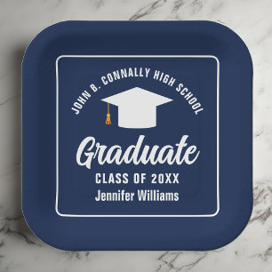 Elegant Navy Blue White Graduation Party Square Paper Plates