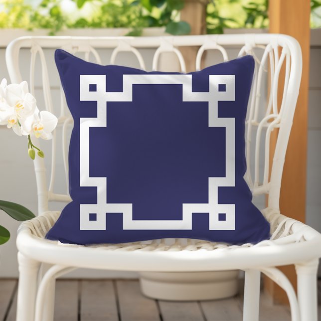 Elegant Navy Blue White Greek Key Border Outdoor Pillow (Creator Uploaded)