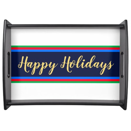 Elegant Navy Blue White HAPPY HOLIDAYS Pinstripes Serving Tray