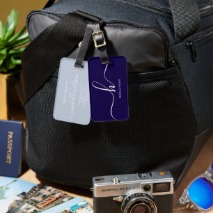 Elegant Navy Blue White Initial Script Name  Luggage Tag