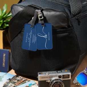 Elegant Navy Blue White Initial Script Name Luggage Tag