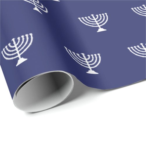 Elegant navy blue white Jewish menorah pattern Wrapping Paper