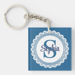 Elegant Navy Blue White Lace Monogram Name Keychain