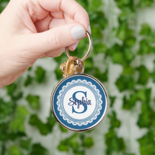 Elegant Navy Blue White Lace Monogram Name Keychain