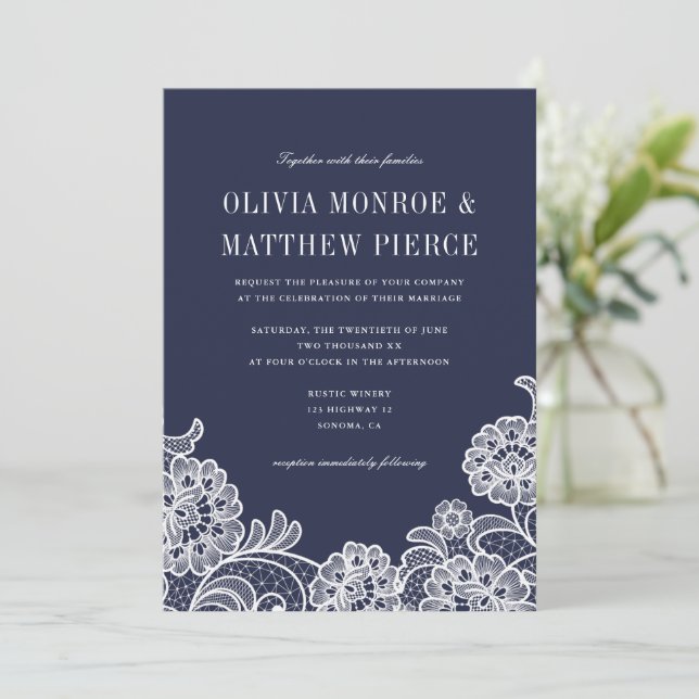 Elegant Navy Blue White Lace | Wedding Invitations (Standing Front)