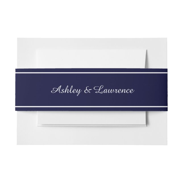 Elegant Navy Blue White Line Personalized Invitation Belly Band (Front Example)
