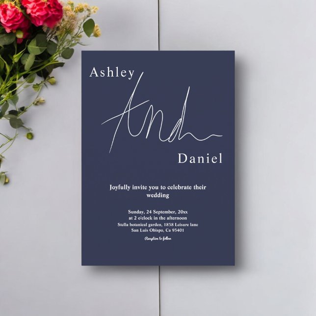 Elegant Navy Blue White Modern Simple Wedding Invitation (Creator Uploaded)