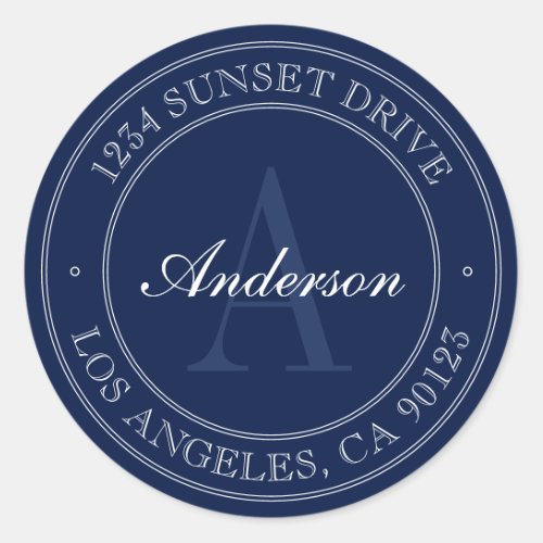 Elegant Navy Blue  White Monogram Address Classic Round Sticker