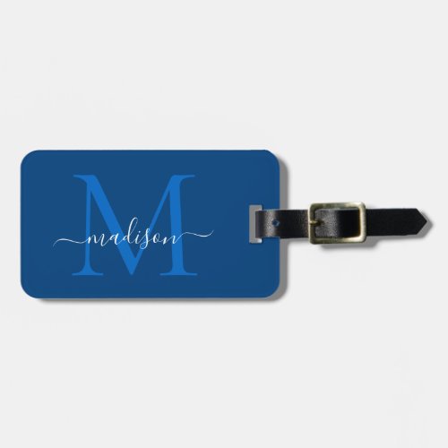 Elegant Navy Blue White Monogram Script Name Luggage Tag