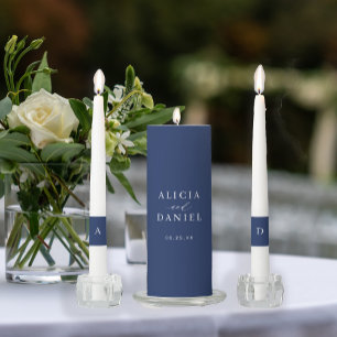 Elegant navy blue white monogram wedding ceremony unity candle set