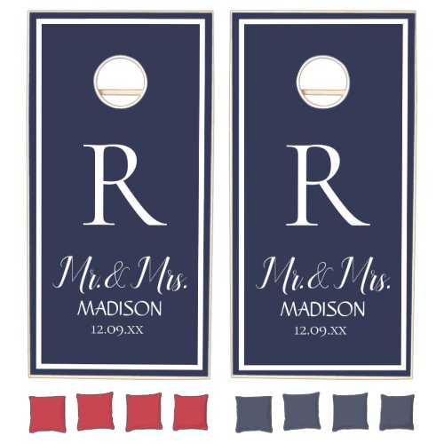 Elegant navy blue white Mr  Mrs Modern Wedding Cornhole Set