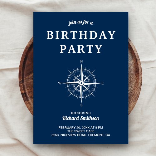 Elegant Navy Blue White Nautical Compass Birthday Invitation