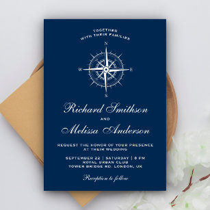 Elegant Navy Blue White Nautical Compass Wedding Invitation