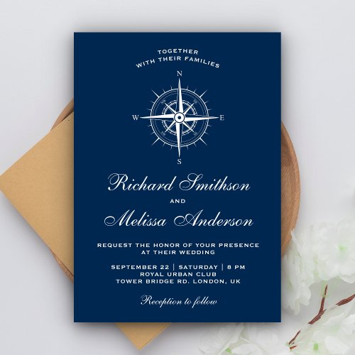 Elegant Navy Blue White Nautical Compass Wedding Invitation
