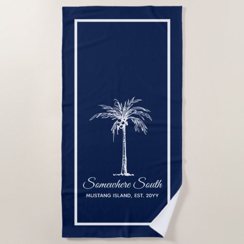 Elegant Navy Blue White Palm Tree Personalized Beach Towel