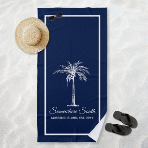 Elegant Navy Blue White Palm Tree Personalized Beach Towel